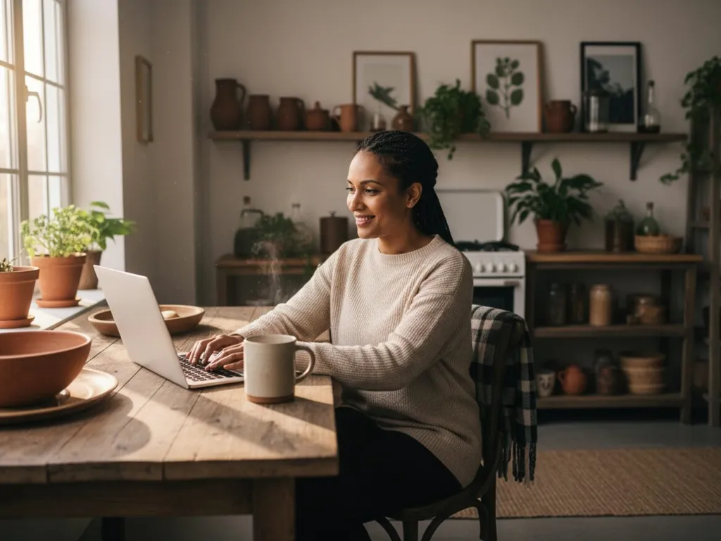A woman attending an online psychology session from her kitchen table