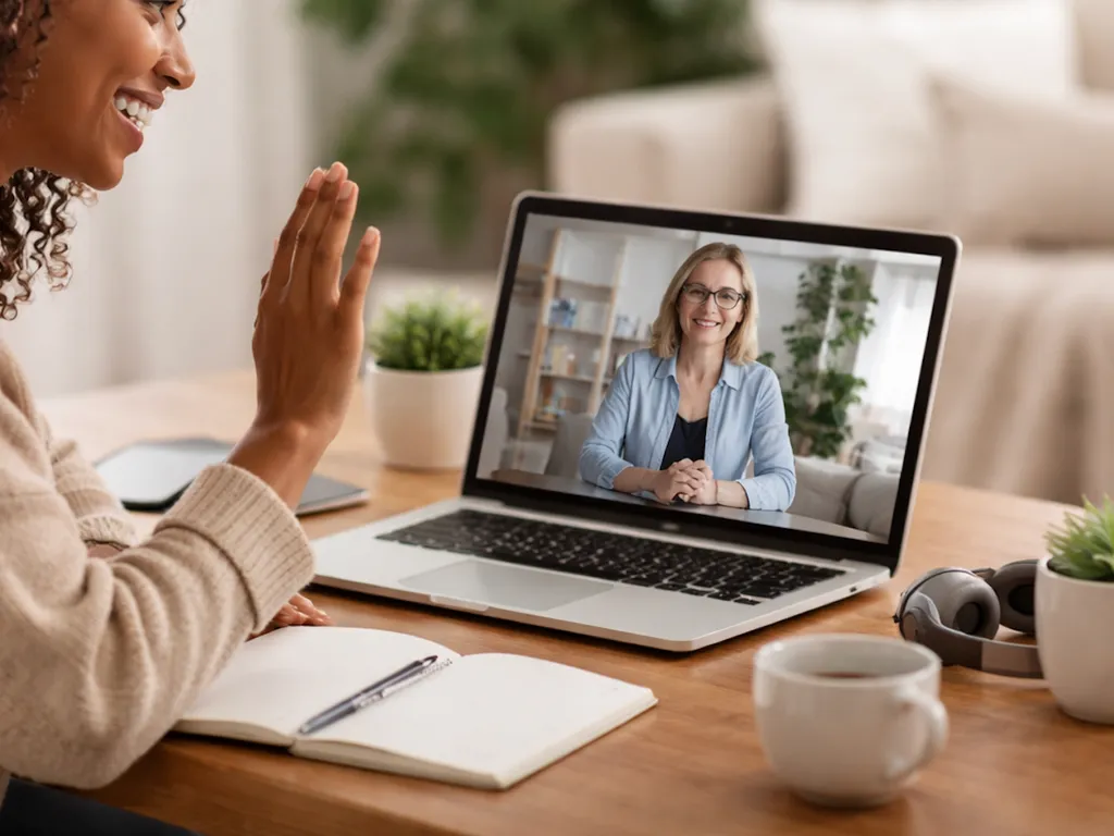 A woman waving at the start of an online therapy session on her laptop